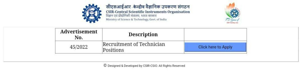 CSIR CSIO Technician Recruitment