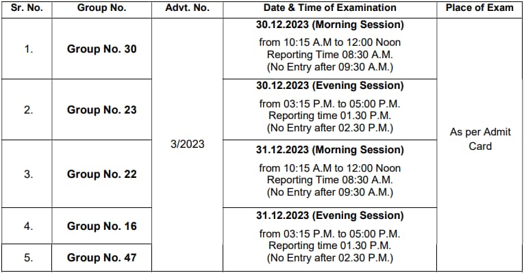 HSSC CET Exam-Schedule 30 and 31 Decemer 2023