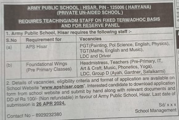 army school Hisar Vacancy Notice